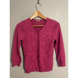Petro Zillia Cardigan Sweater Womens XS Pink Floral Embroidered 3/4 Sleeve